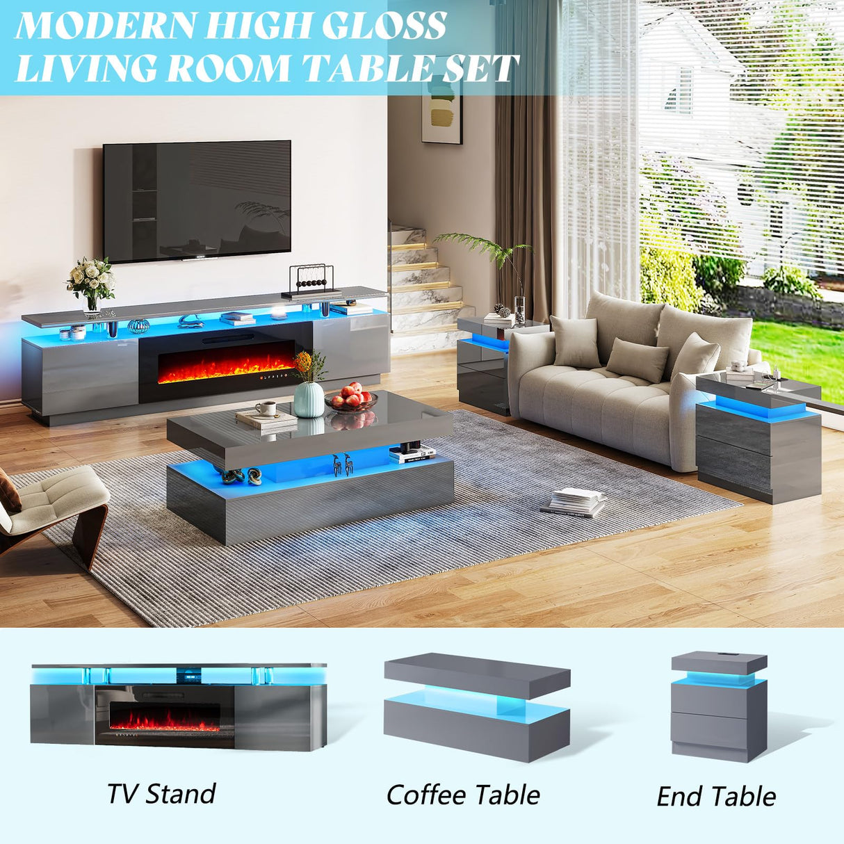 AMERLIFE High Gloss LED Nightstand Set of 2 with Charging Station, Modern Bedside Table Night Stand with LED Lights, Sofa End Side Tables with Drawers for Bedroom Living Room, Gray AMERLIFE