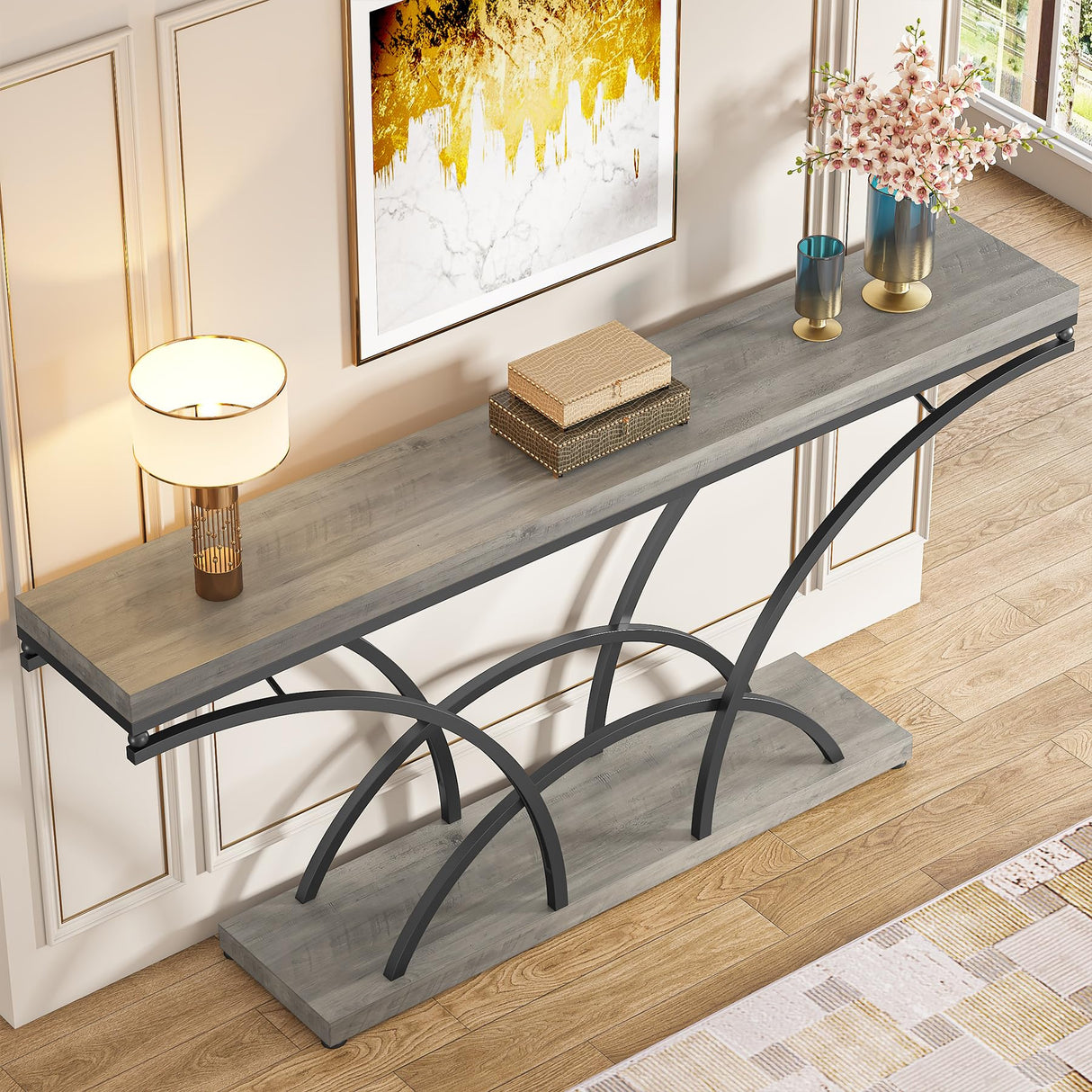Tribesigns 70.9 Inch Extra Long Console Table for Entryway, Gray Sofa Table with Wood Tabletop, Modern Accent Tables with Half-Moon Shape Legs Tribesigns