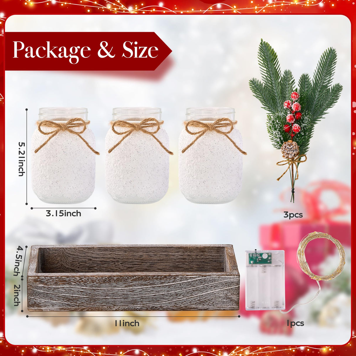 KIVIVO Christmas Centerpieces for Tables, Table Decor with Mason Jar, Flowers Picks, Farmhouse Wood Tray, 23 Pcs Christmas Winter Table Decorations Centerpieces, Xmas Holiday, Kitchen, Dining Decor KIVIVO