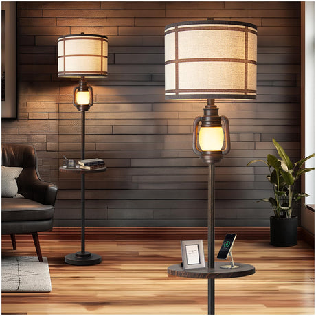 Rustic Farmhouse Metal Tray Floor Lamp For Living Room With Nightlight Vintage Tall Lamp With Linen Fabric Shade Industrial Standing Lamp For Bedroom Office Home House Study (Bulb Included) LuxSight Collection