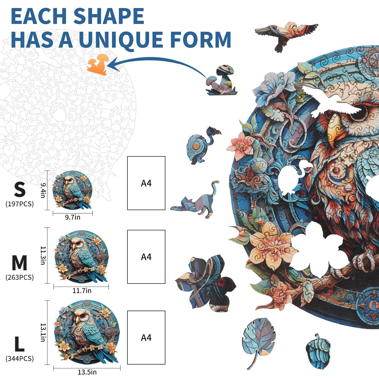 KAAYEE Wooden Jigsaw Puzzles-Wooden Puzzle Adult Unique Shape Advanced Wise Owl Wooden Jigsaw Puzzle for Adult,Family Puzzles 11.7 * 11.3 in 263 pcs KAAYEE