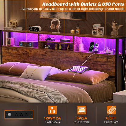 Aheaplus Rustic Brown King Size Headboard with Storage, USB Ports, LED Light and Adjustable Design - WoodArtSupply