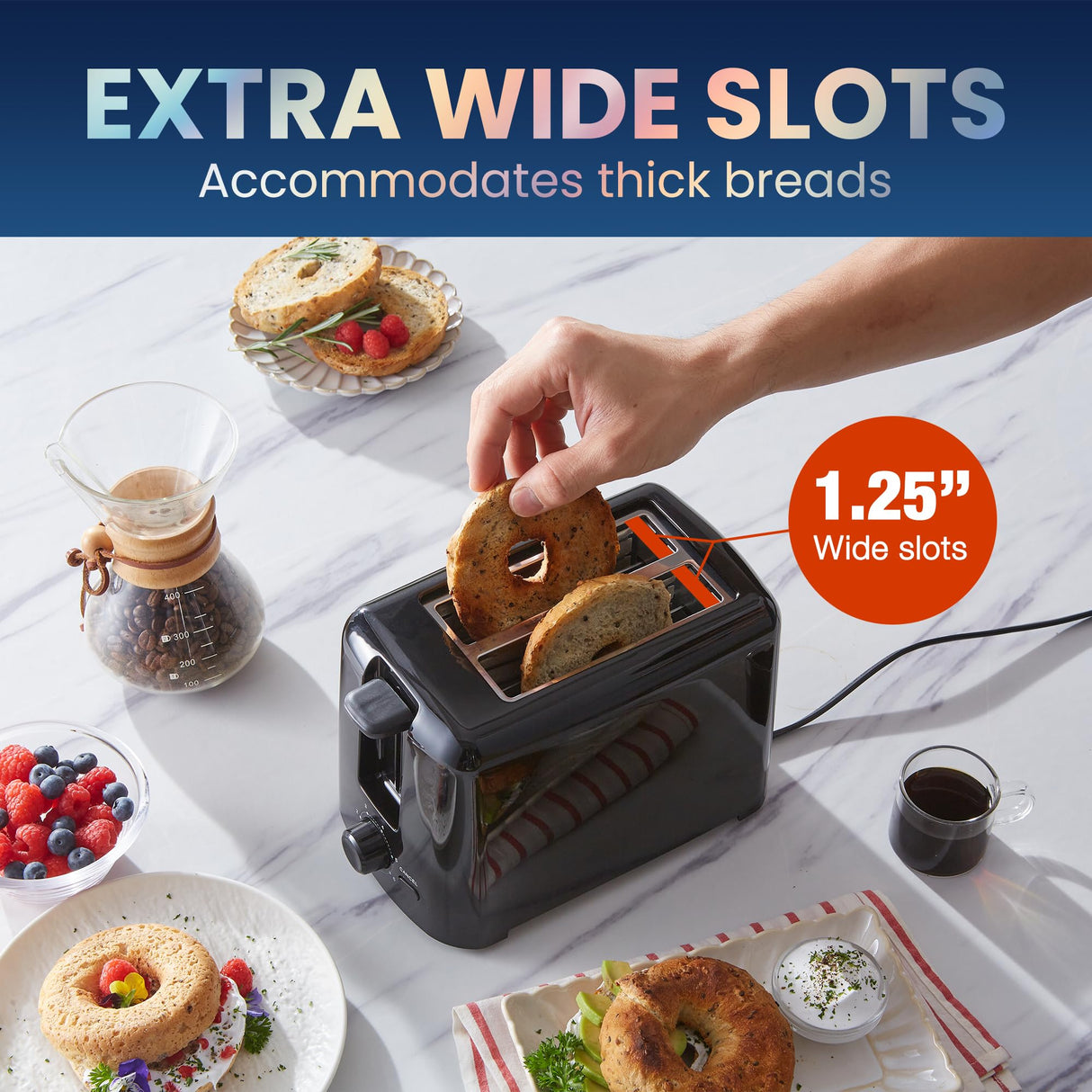 Elite Gourmet ECT1027B Cool Touch Toaster with 6 Temperature Settings & Extra Wide 1.25" Slots for Bagels, Waffles, Specialty Breads, Puff Pastry, Snacks, ETL Certified, 2 Slices, Black Elite Gourmet