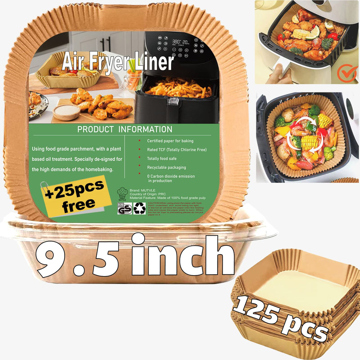 Air Fryer Liners for Power XL, Chefman 10QT 12QT Oven, Instant Pot Air Fryer, XL Disposable Air Fryer Paper Liners，Air Fryer Parchment Paper Liners 9.5 Inch Square, 125PCS Air Fryer Oven Liners mutvle