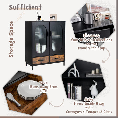 LOKO Buffet Cabinet with Storage, Kitchen Sideboard Cabinet with Tempered Glass Doors and Drawers, Industrial Style Cupboard Credenza Storage Cabinet, 31.5 x 16 x 39.5 inches LOKO