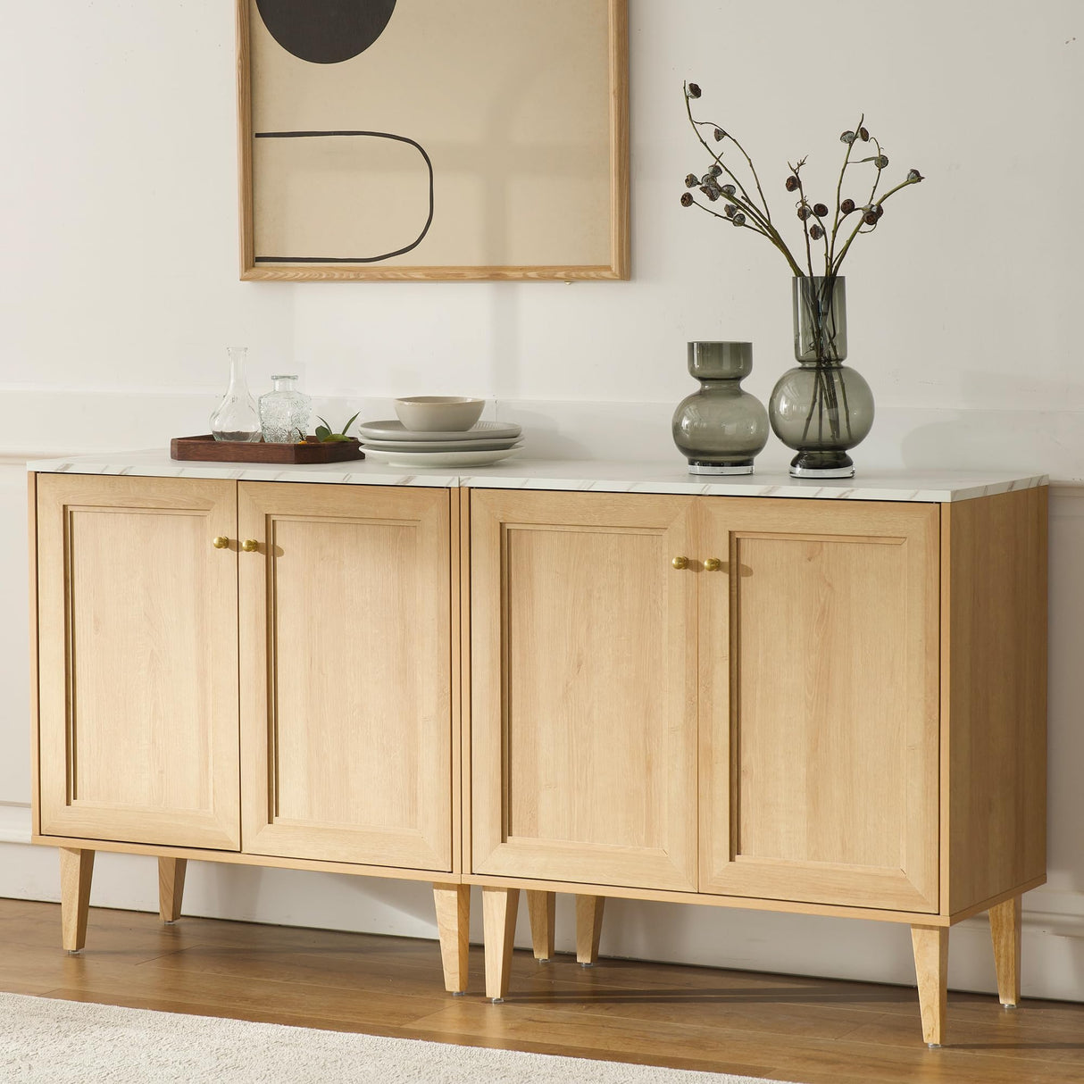 HoeuThien Oak Storage Cabinet Modern Freestanding Accent Cabinet Sideboard Buffet with Faux Marble Top & Adjustable Shelves Wooden Credenza for Dining Room, Living Room Entryway Natural HoeuThien