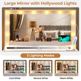 Hasuit Makeup Vanity Desk with Large Lighted Mirror and 9 Drawers, Large Vanity Desk with Storage Rack, Hook, Crystal Handle, White Bedroom Vanity Table Set with Charging Station, Lights Adjustable Hasuit