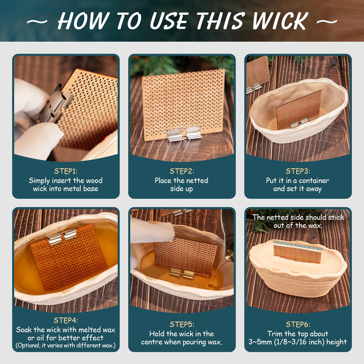 SWIGRANCE 6 Set Large Wood Candle Wick Grid Design Large Wooden Wick 2.7x2.4inch / 70x60mm (Width*Height), Natural Crackling Wood Wick Core with Iron Stands for Soy Candle Making Candles Supplies SWIGRANCE