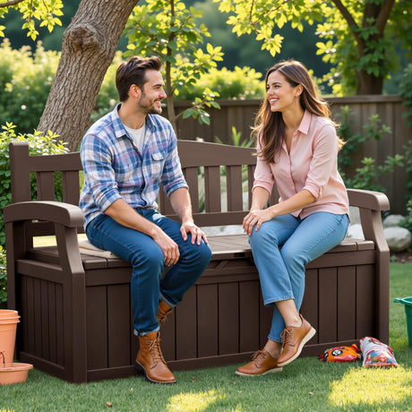Flamaker 80 Gallon Storage Bench Outdoor Indoor, Durable All-Weather Seating with Hidden Storage, Lockable Deck Box for Garden, Patio, Poolside (Brown) Flamaker