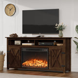 JUMMICO Fireplace TV Stand for TVs Up to 65+ Inch Entertainment Center with Open Storage Shelves and Side Cabinets, Media Console Table with Barn Doors for Living Room (Walnut) JUMMICO