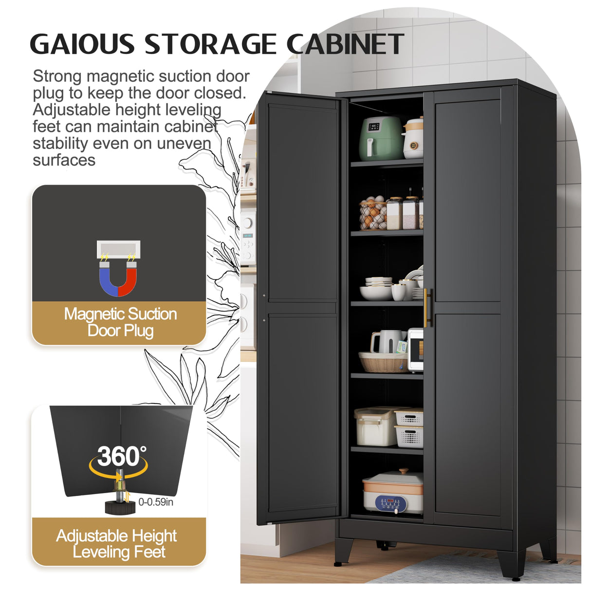 GAIOUS 75.2" Tall Storage Cabinet, Pantry Storage Cabinet with 2 Door and 5 Adjustable Shelves, Black Kitchen Food Storage Cabinet, Metal Utility Cabinet for Kitchen, Dinning Room, Laundry Room GAIOUS