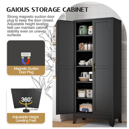 GAIOUS 75.2" Tall Storage Cabinet, Pantry Storage Cabinet with 2 Door and 5 Adjustable Shelves, Black Kitchen Food Storage Cabinet, Metal Utility Cabinet for Kitchen, Dinning Room, Laundry Ro - WoodArtSupply