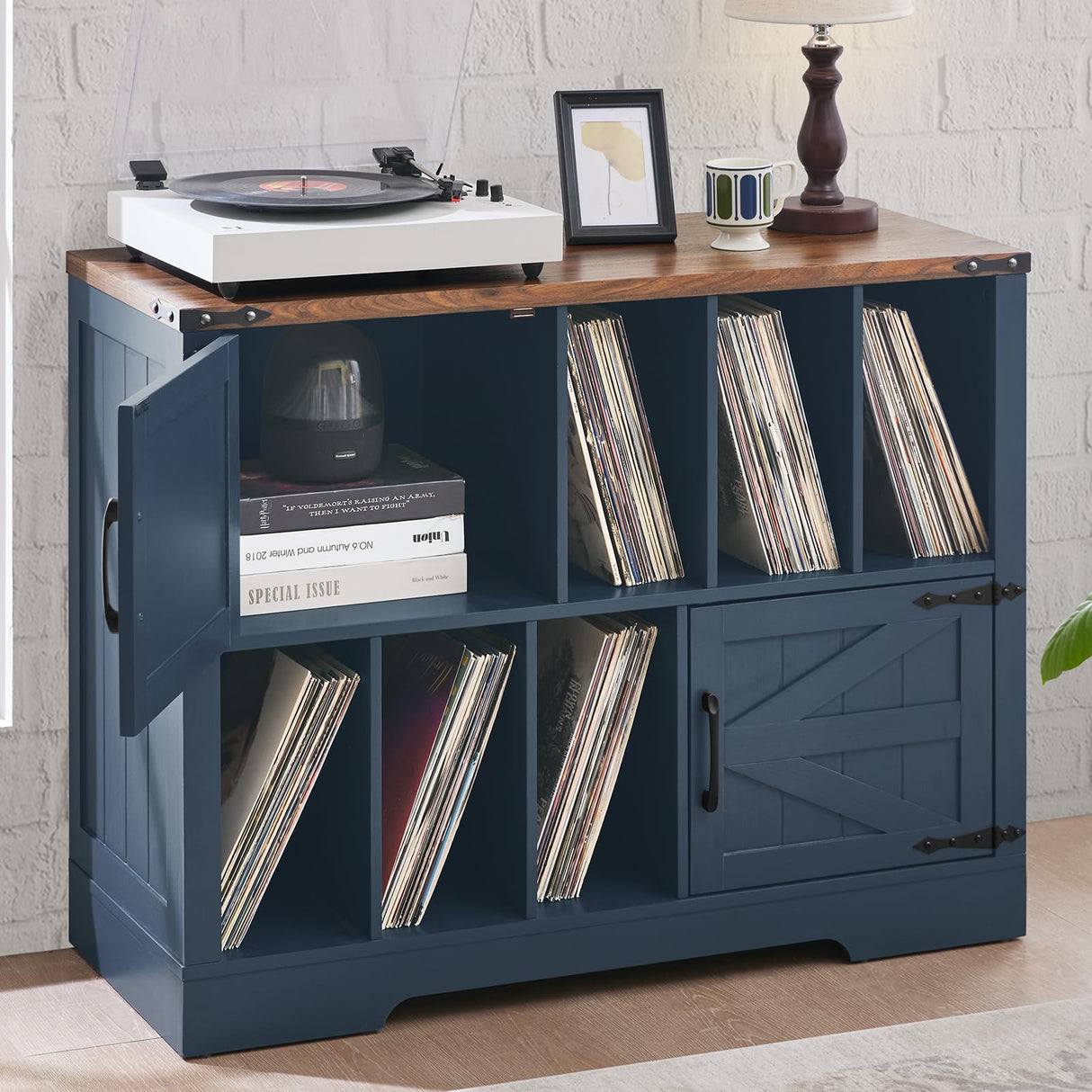Joaxswe Large Record Player Stand with Vinyl Storage Up to 450 Albums, 39 Inch Farmhouse Wood Navy Blue Vinyl Records Storage Cabinet with Barn Doors, Mid-Century Turntable Stand for Living Room Joaxswe