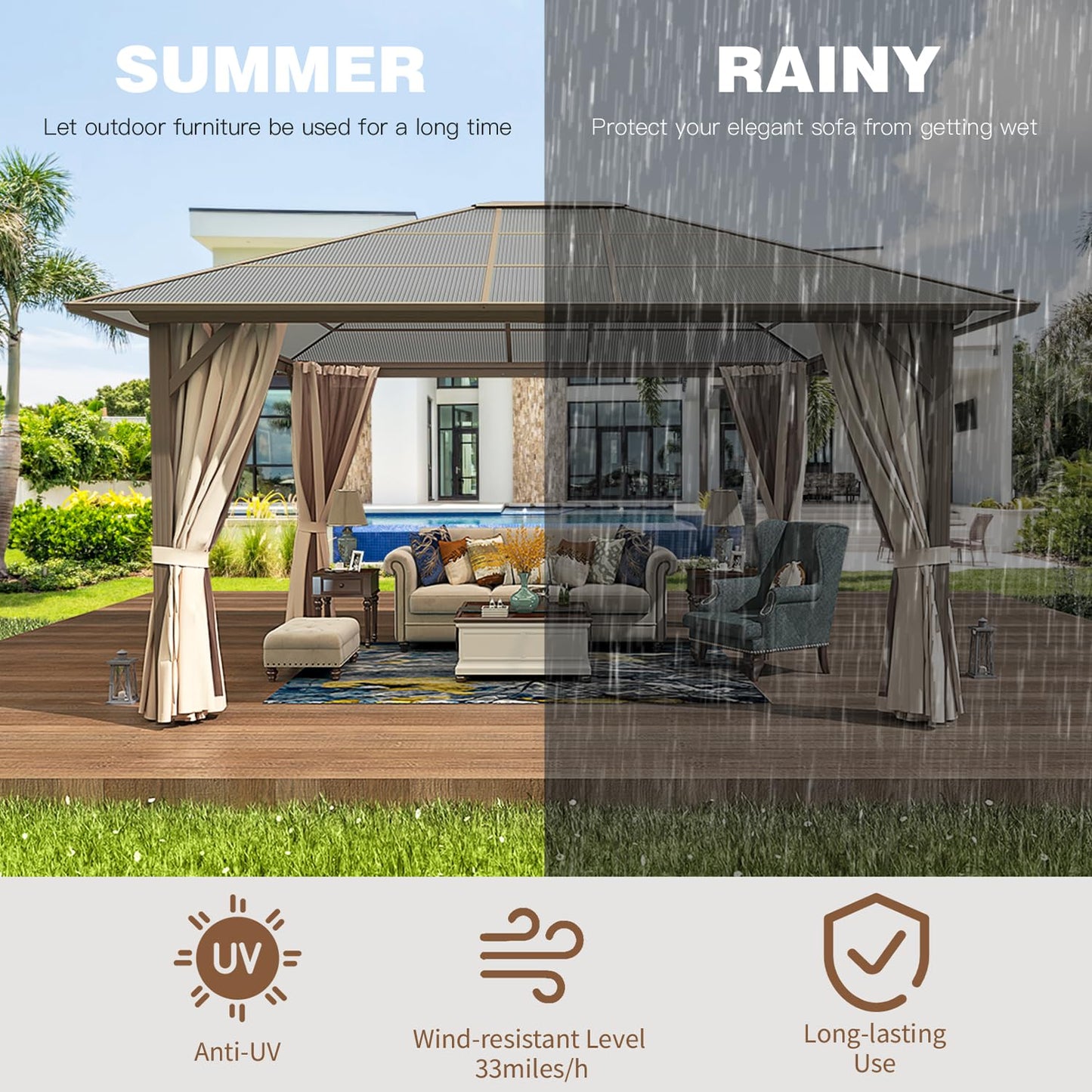 EROMMY 12' x 14' Gazebo Single Polycarbonate Roof Canopy Outdoor Aluminum Frame Permanent Pergolas with Netting and Curtains for Patio Backyard Garden Lawns Parties - WoodArtSupply