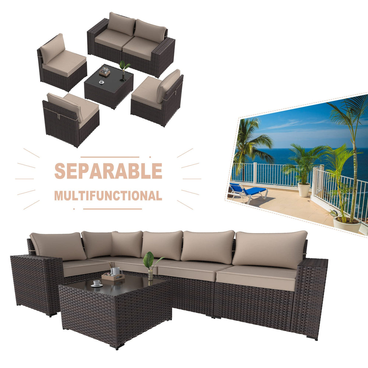 Kullavik Outdoor Patio Furniture Set 6 Pieces Sectional Rattan Sofa Set Brown PE Rattan Wicker Patio Conversation Set with 5 Seat Cushions and 1 Tempered Glass Table,Sand Kullavik