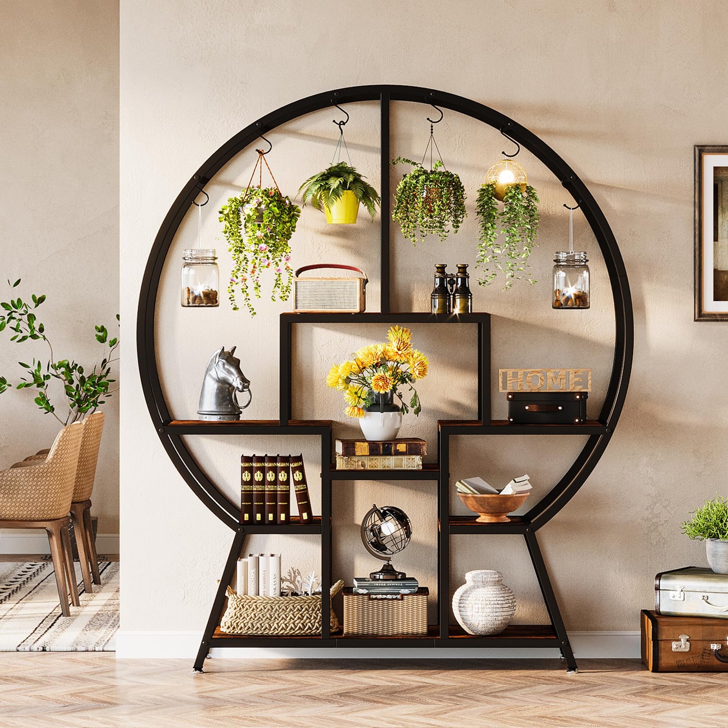 Tribesigns 65" Industrial Round Bookshelf with 7-Tier Wooden Shelves and Hooks for Stylish Storage - WoodArtSupply