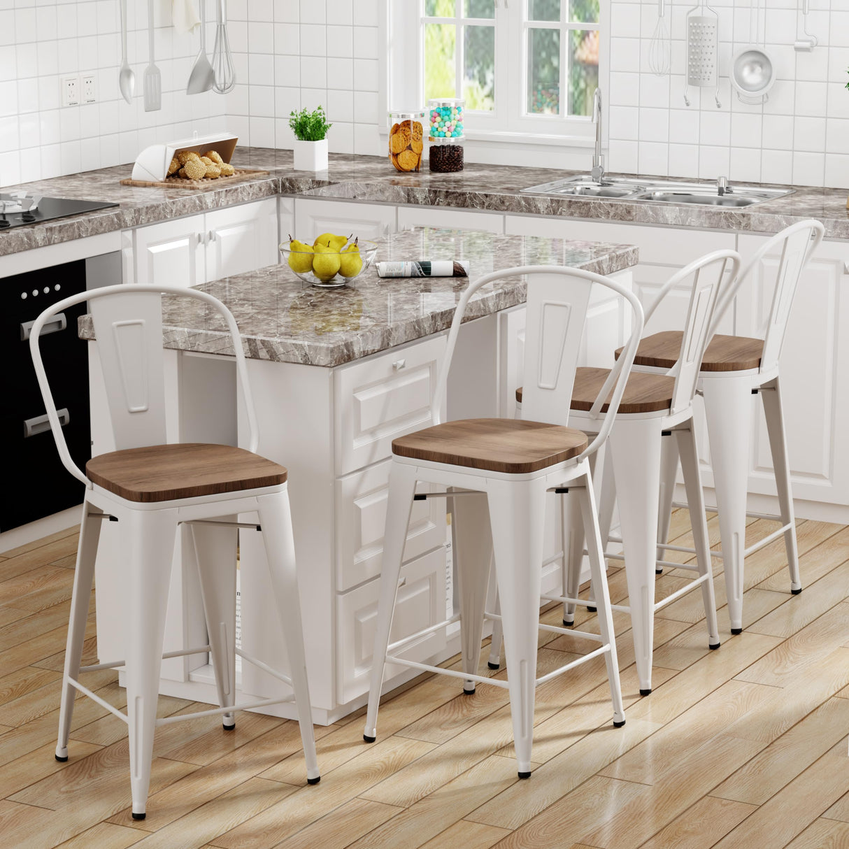 Yongqiang 30 inch Bar Stools Set of 4 Farmhouse Bar Height Stools High Back Kitchen Bar Chairs Cream White Metal Barstools with Large Wooden Seat Yongqiang