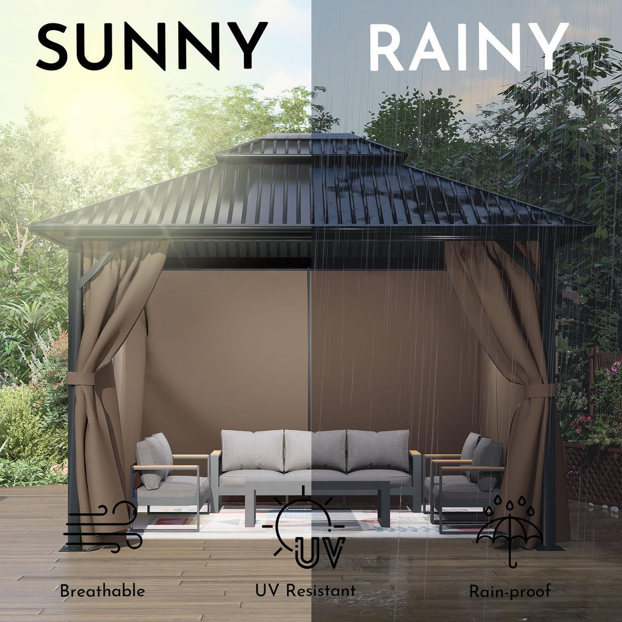 COWVIE Gazebo Curtain Replacement Universal 4-Panel Sidewalls 12' x 12', Patio Gazebo Privacy Curtains with Double Zipper, Replacement for Patio, Outdoor Canopy, Garden and Backyard (Curtain Only) COWVIE