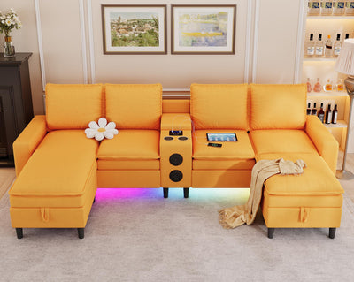 HYZQ Sectional Couches for Living Room, 4 Seat Sectional Sofa with Smart Module-Bluetooth Speaker/RGB Light/Charging Station, Teddy Fleece U Shaped Cloud Couch with Storage Ottoman (Yellow)