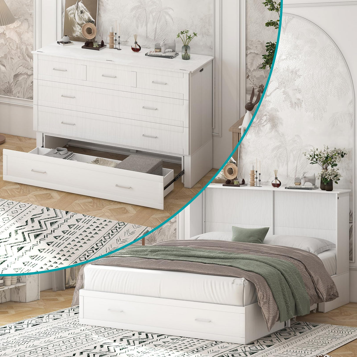 BALUS Murphy Cabinet Bed, Queen Murphy Bed with Charging Station, Tri-fold Memory Mattress, Storage Drawers, Space-Saving Wooden Folding Cube Chest Wall Beds for Living Room and Apartments White BALUS