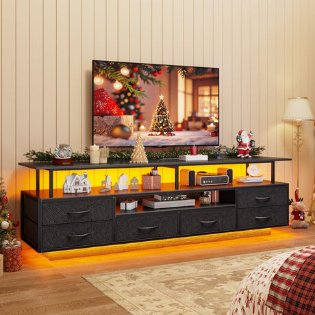 BTHFST TV Stand for 65 70 Inches TV with LED Lights & Power Outlets, Entertainment Center with Open Shelves & 6 PU Fabric Drawers, TV Media Console Table for Living Room, Bedroom, Black BTHFST