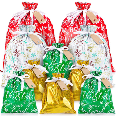 10 PCS Christmas Drawstring Gift Bags with Tags, Assorted Size Xmas Gift Bags Set in Bulk, Large Medium Small Made of Food-Grade Aluminized Polymer, Reusable Eco-Friendly Drawstring Sacks for Holiday Wrapping & Party Favors AULikY