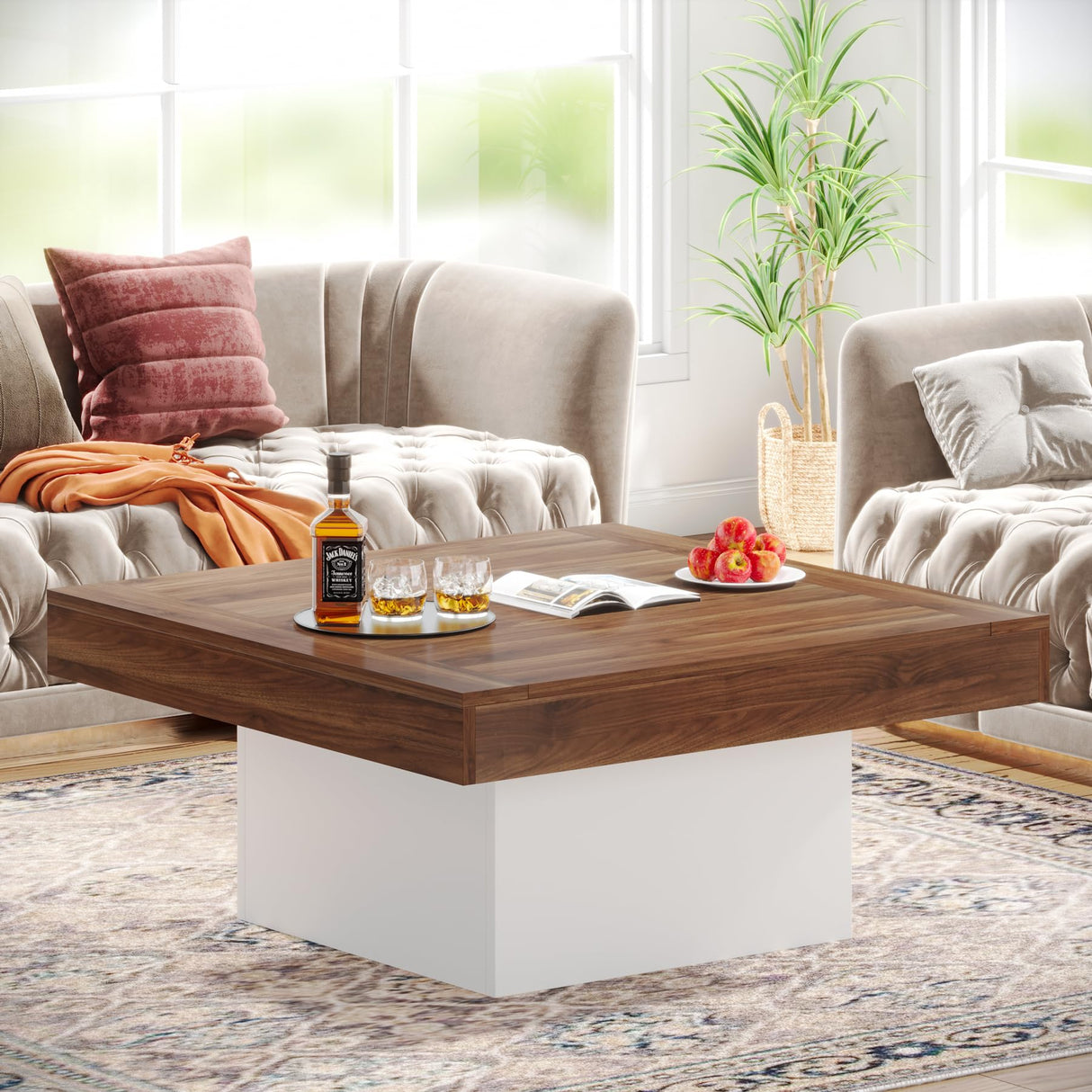 Tribesigns Coffee Table Square LED Coffee Table Engineered Wood Low Coffee Table for Living Room (Retro Brown+White) Tribesigns