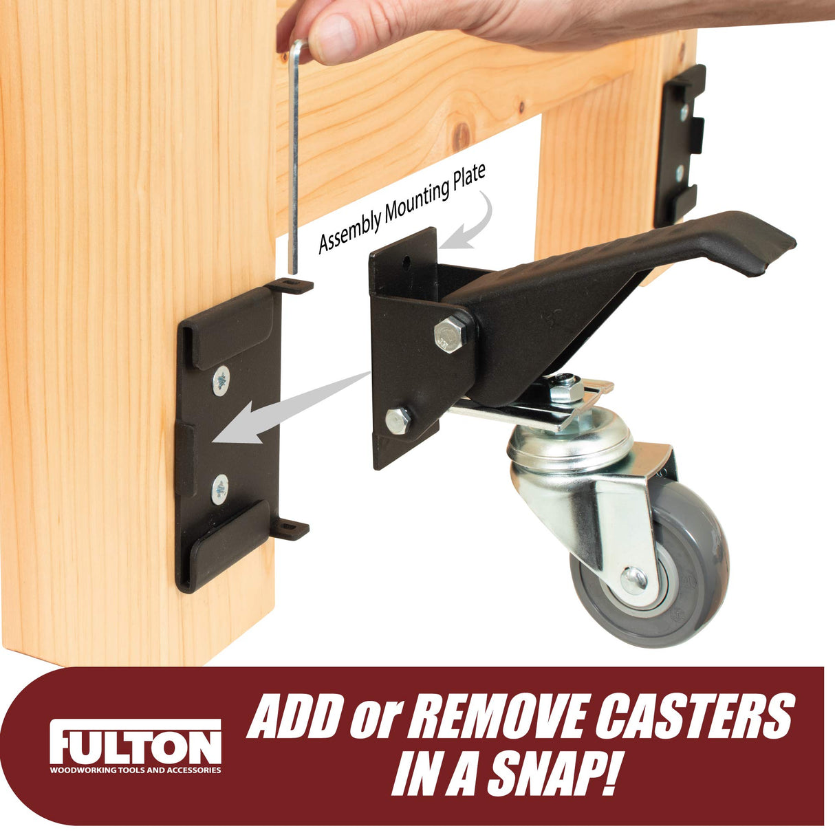 Workbench Caster kit 4 Heavy Duty Retractable Casters with 4 Pin Lock Quick Release Mounting Plates to Quickly Attach/Remove or Switch Casters from a Workbench to a Cabinet, Stand or a Machine. Peachtree Woodworking Supply