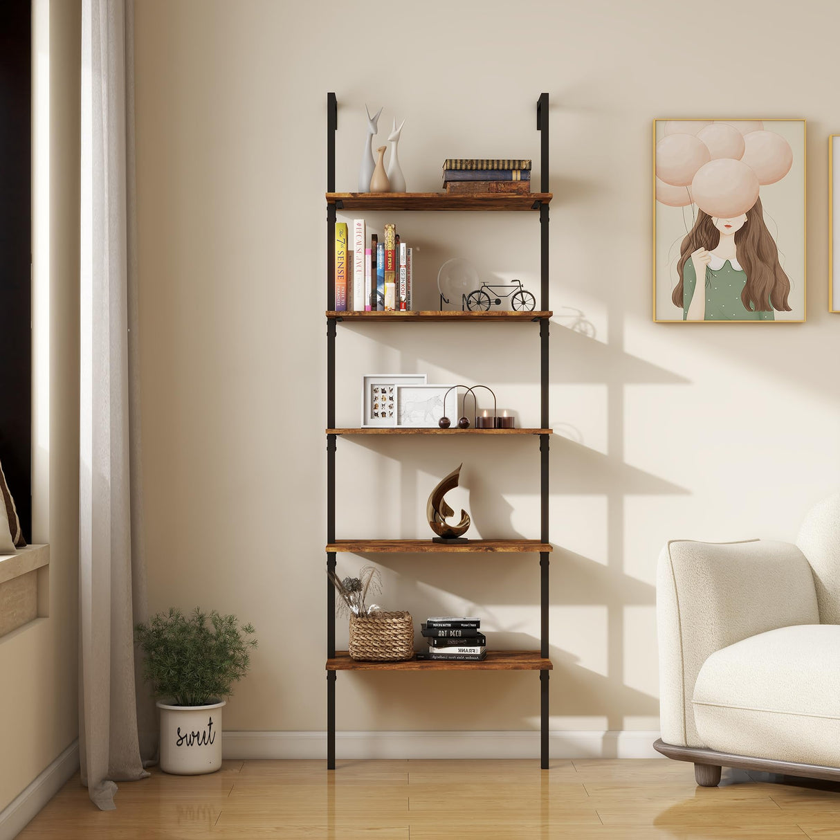 Panana Industrial 5 Tier Ladder Shelf, Open Space Book Shelf Wall Mount Bookshelf with Metal Frame Sturdy Bookcase for Living Room (Brown, 5 Tier) Panana