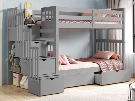 Bedz King Tall Stairway Bunk Beds Twin over Twin with 4 Drawers in the Steps and 2 Under Bed Drawers, Gray Bedz King