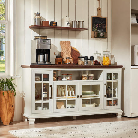 SAVOR LIFE Large Sideboard Buffet Cabinet with Storage, Vintage White Farmhouse 60" Wide Credenza Accent Cabinets with Glass Doors & Wood Legs, Kitchen Coffee Bar Table for Dining Room, Living Room SAVOR LIFE