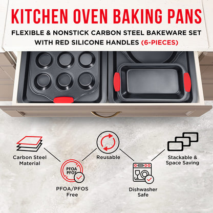 BAKKENMASTER Baking Set – 6 Piece Kitchen Oven Bakeware Set – Deluxe Non-Stick Black Coating Inside and Outside – Carbon Steel – Red Silicone Handles – PFOA PFOS and PTFE Free by Bakken