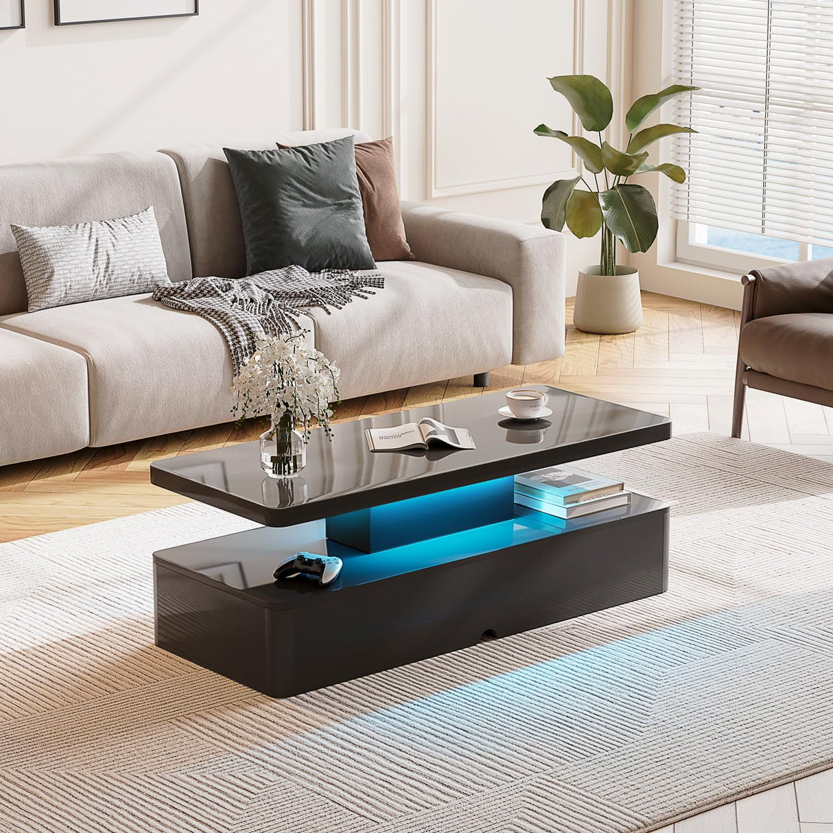 MXV Modern Coffee Table, 40 Inches Coffee Tables with 16 Colors LED Lights, 2 Tier Rectangular Center Table, Large Storage Space, High Glossy Wooden Tea Table for Living Room, Bedroom, Office, Black MXV