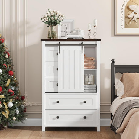 GarveeHome Farmhouse 5 Drawer Dresser for Bedroom, 48 in Tall Wood Dresser Chest of Drawer with Sliding Barn Door, Adjustable Shelf, Storage Organizer for Bedroom, Hallway, Living Room, Kitchen, White GarveeHome
