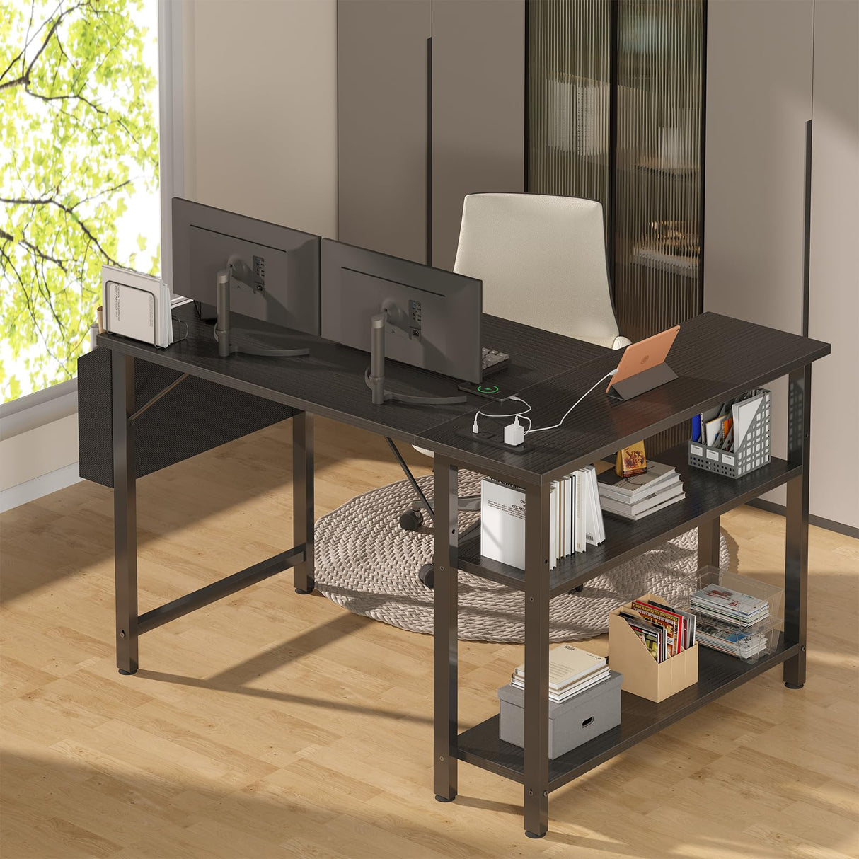 DLisiting Black L Shaped Gaming Computer Desk with Power Outlet Shelves, 40 Inch Small Corner Desk for Small Space Home Office, Study Work PC Desks for Bedroom, Black DLisiting