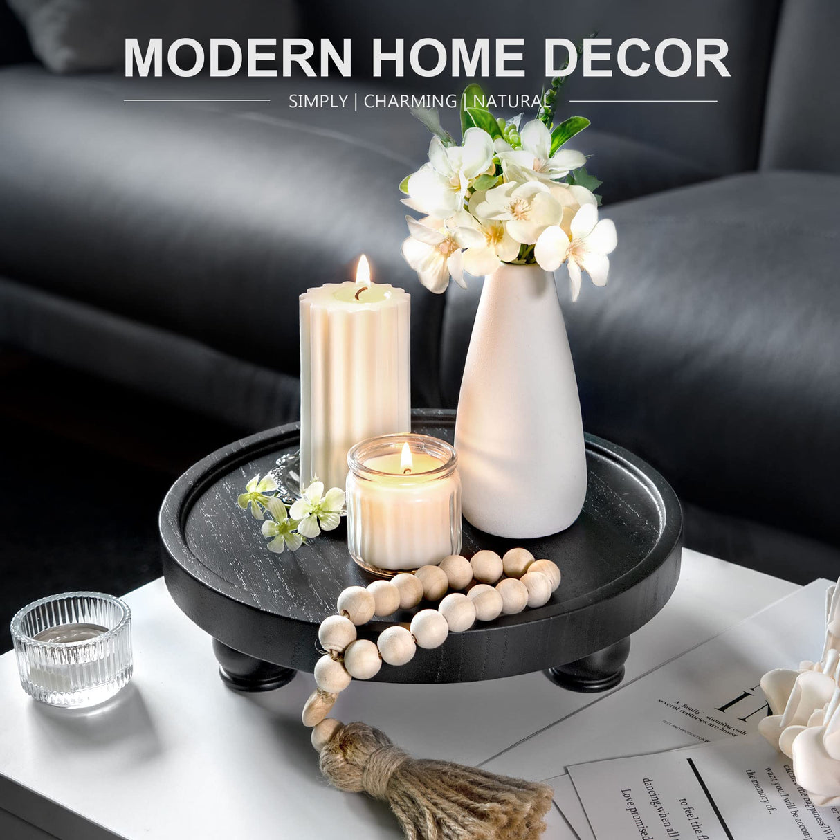 EOSAHR Modern Wood Riser for Display : Farmhouse Pedestal Stand for Kitchen Counter and Home Decor, Round Waterproof Display Tray for Soap on Sink (Black) EOSAHR