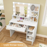 Quimoo Makeup Vanity Desk with Mirror and Lights, Vanity Desk with Large Drawer & Shelves & Cabinet, 3 Color Modes & Adjustable Brightness, Dressing Table Set for Bedroom,White Quimoo