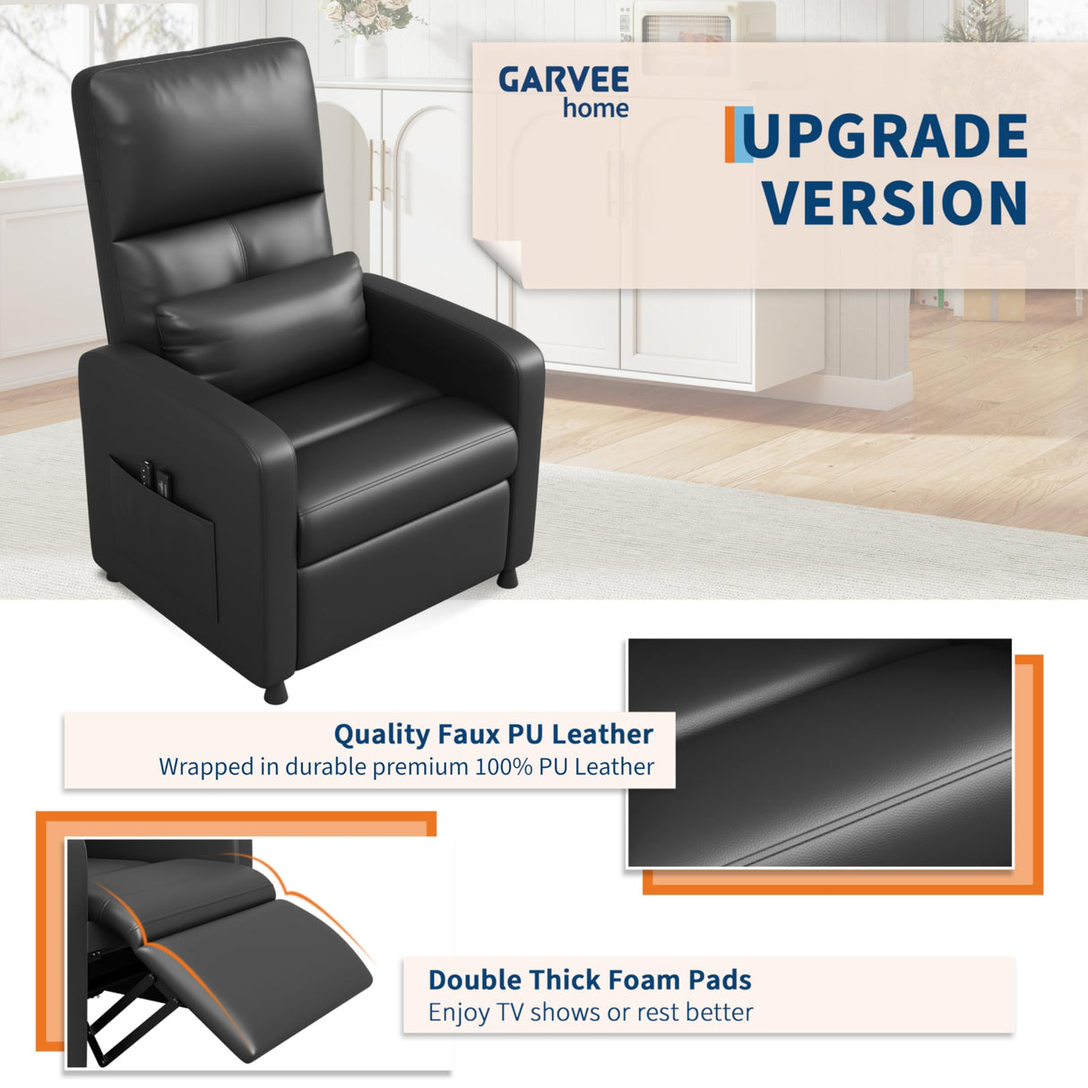 GarveeHome Power Recliner Chair with Massage and Heat, Adjustable Electric Recliner Ergonomic Overstuffed PU Leather Single Sofa, 2 Side Pockets and USB Port, Home Theater Seating for Living Room GarveeHome