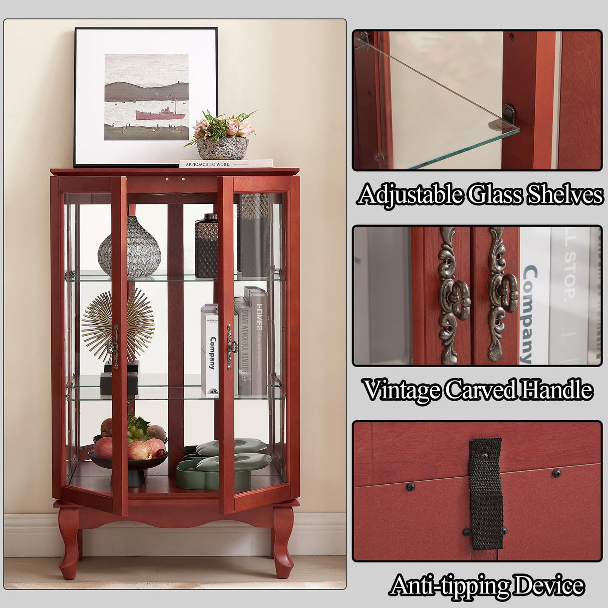 43"H Lighted Display Curio Cabinet, 3-Tier Glass Accent Storage Cabinet Curio Showcase w/ 2 Doors & Adjustable Shelves, Wine Artwork Storage Rack w/ Mirrored Back Panel for Living Room (Cherry) TRJQBCC