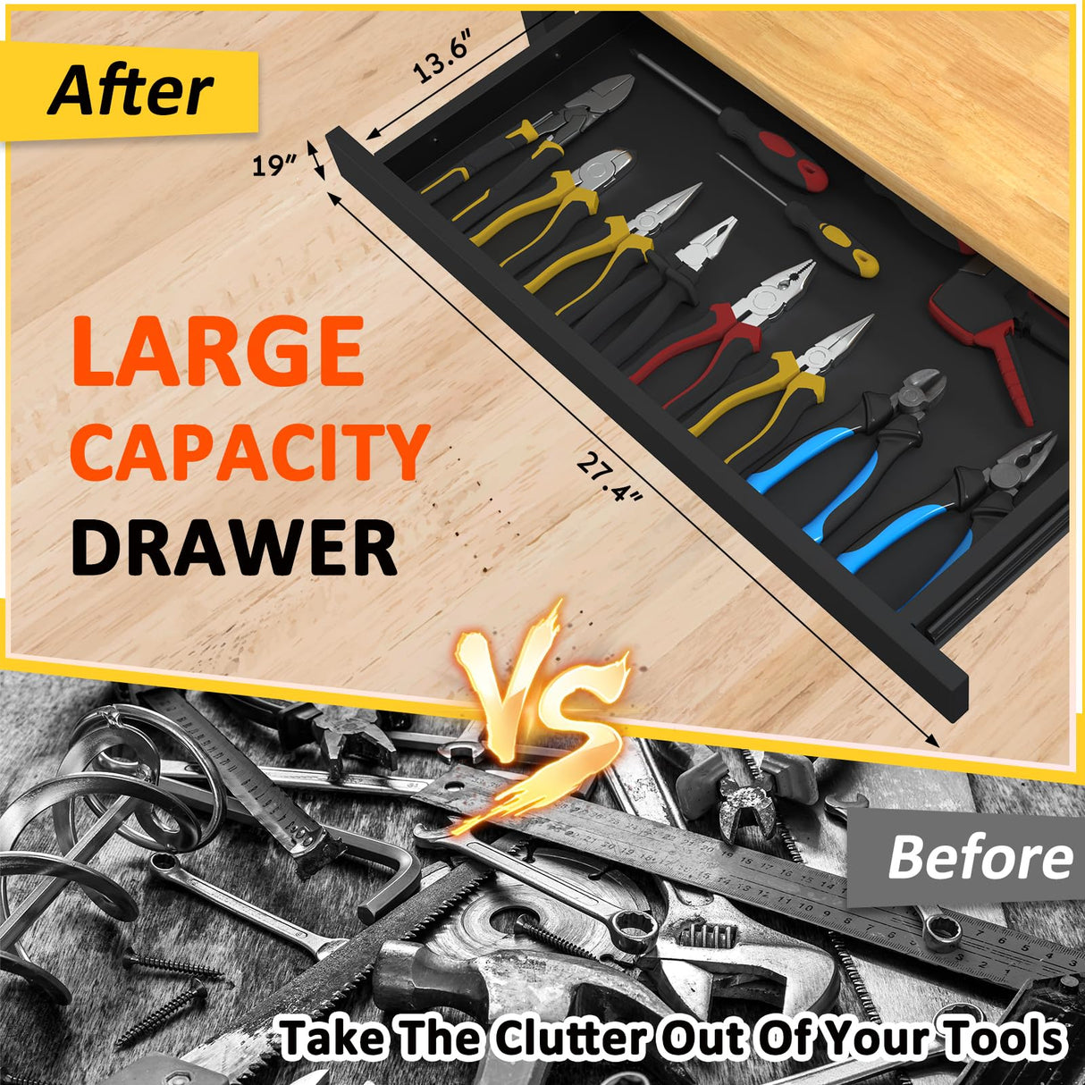 Kieperi 48” Chipboard Work Bench with Drawers, Heavy Duty Adjustable Workbench with Power Outlet and Wheels, 2000 Lbs Capacity Workstation for Garage Kieperi