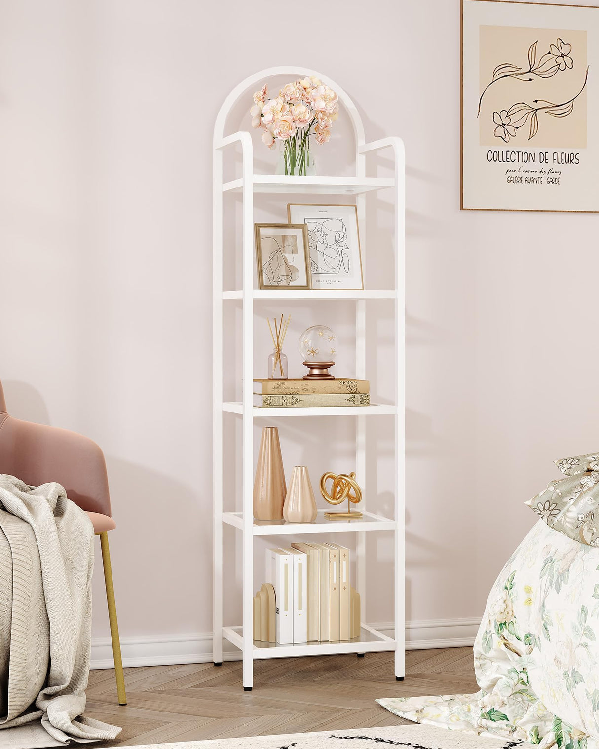 Hzuaneri Bookcase Bookshelf, Tempered Glass Bookshelves, Slim Shelving Unit for Bedroom, Bathroom, Home Office, Steel Frame, 5 Tier White BC05099W Hzuaneri