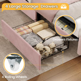 FORABAMB Full Size Bed Frame with 4 Drawers, Upholstered LED Bed Frame with Adjustable Flowers Headboard, Platform Bed Frame Full Size with Wooden Slats Support, No Box Spring Needed, Pink FORABAMB