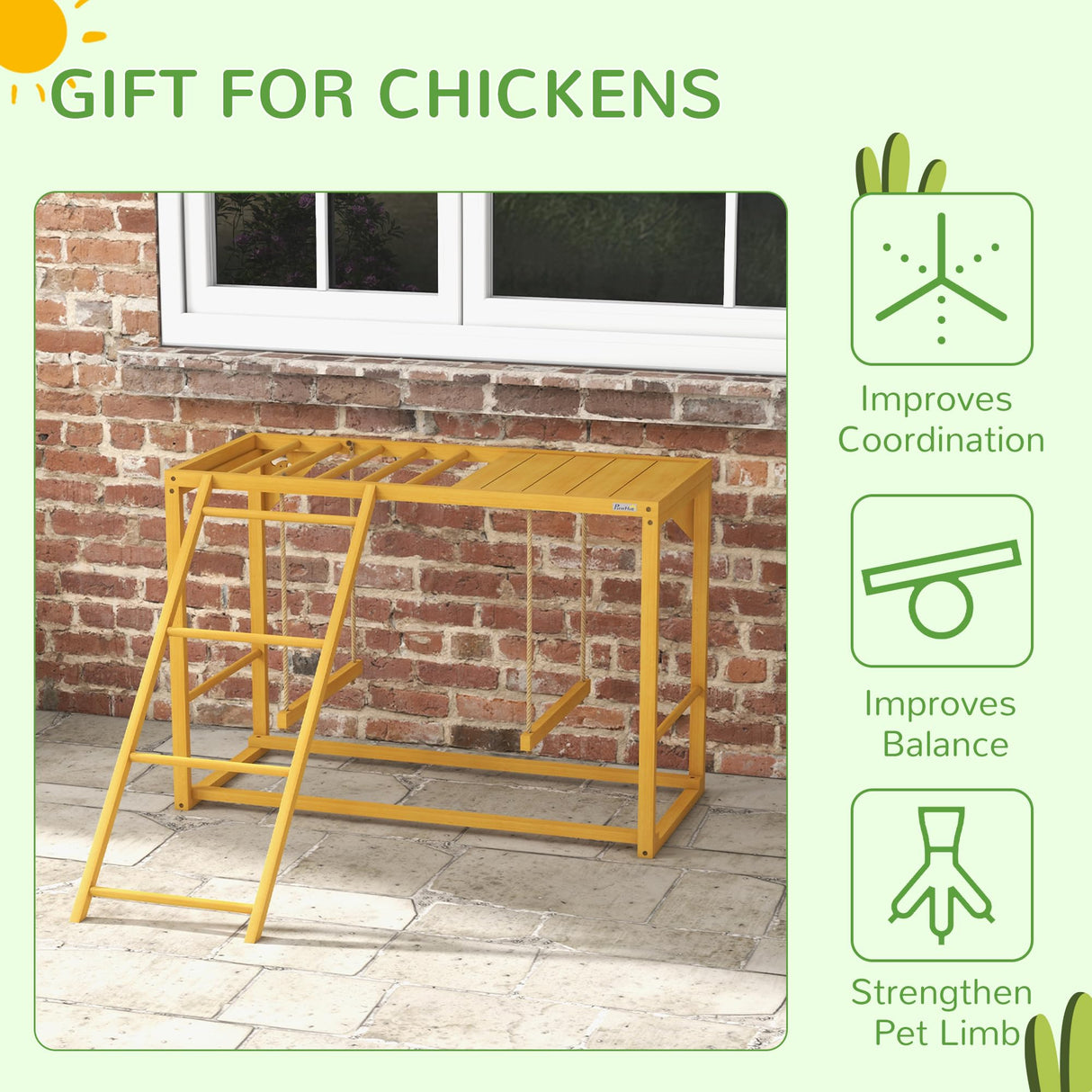 PawHut Chicken Activity Play with Swing Set for 3-4 Birds, Wooden Chicken Coop Accessory with Multiple Chicken Perches & Hen Ladder, Natural PawHut
