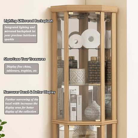 XZTUAJ 69" H Lighted Curio Cabinet - Corner Display Case with Adjustable Shelves and Tempered Glass, Wooden Cabinet with Mirrored Back Pane for Living Room (Light Oak) XZTUAJ