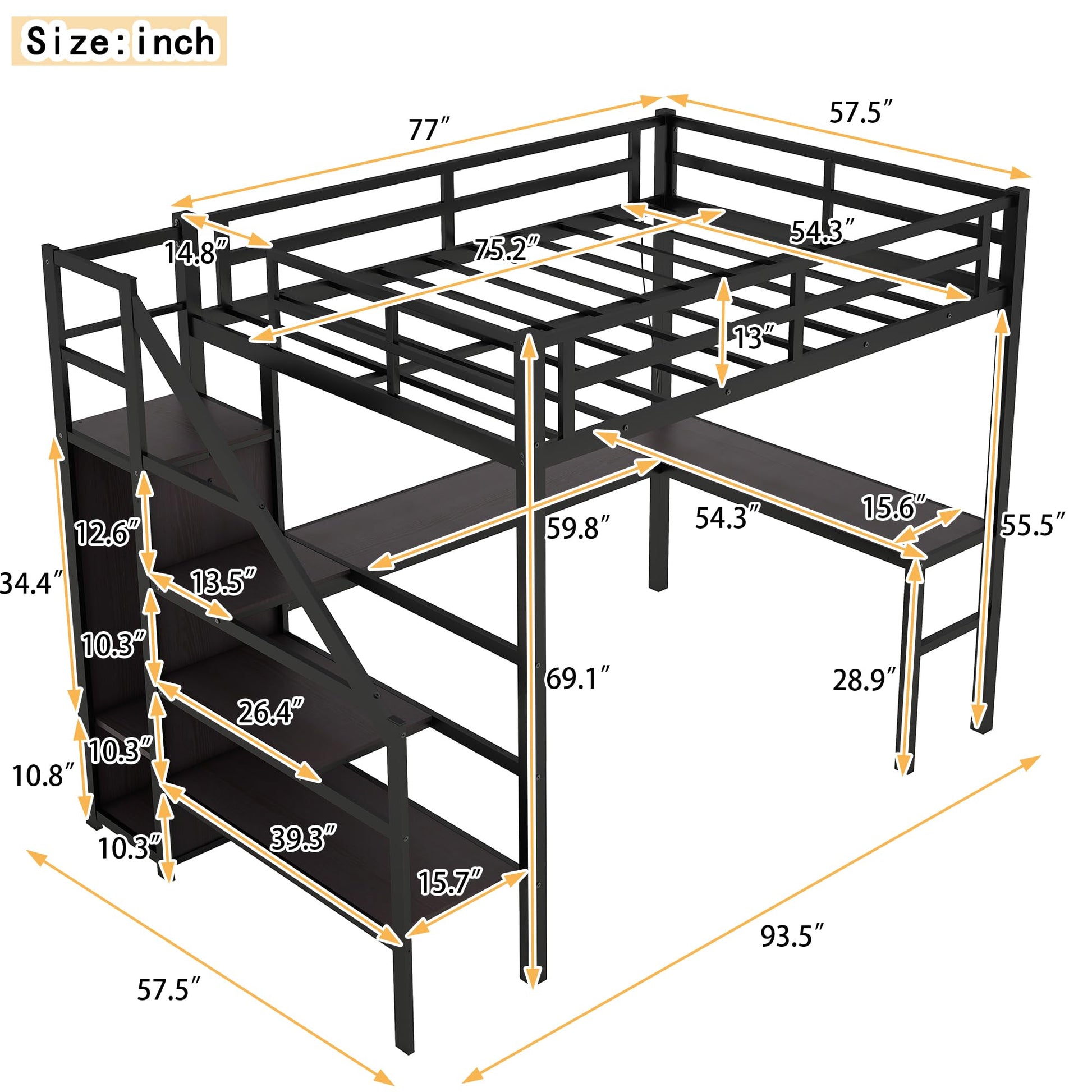 Linique Full-Size Gaming Loft Bed with Desk, LED Lights, and Wardrobe in Black - WoodArtSupply