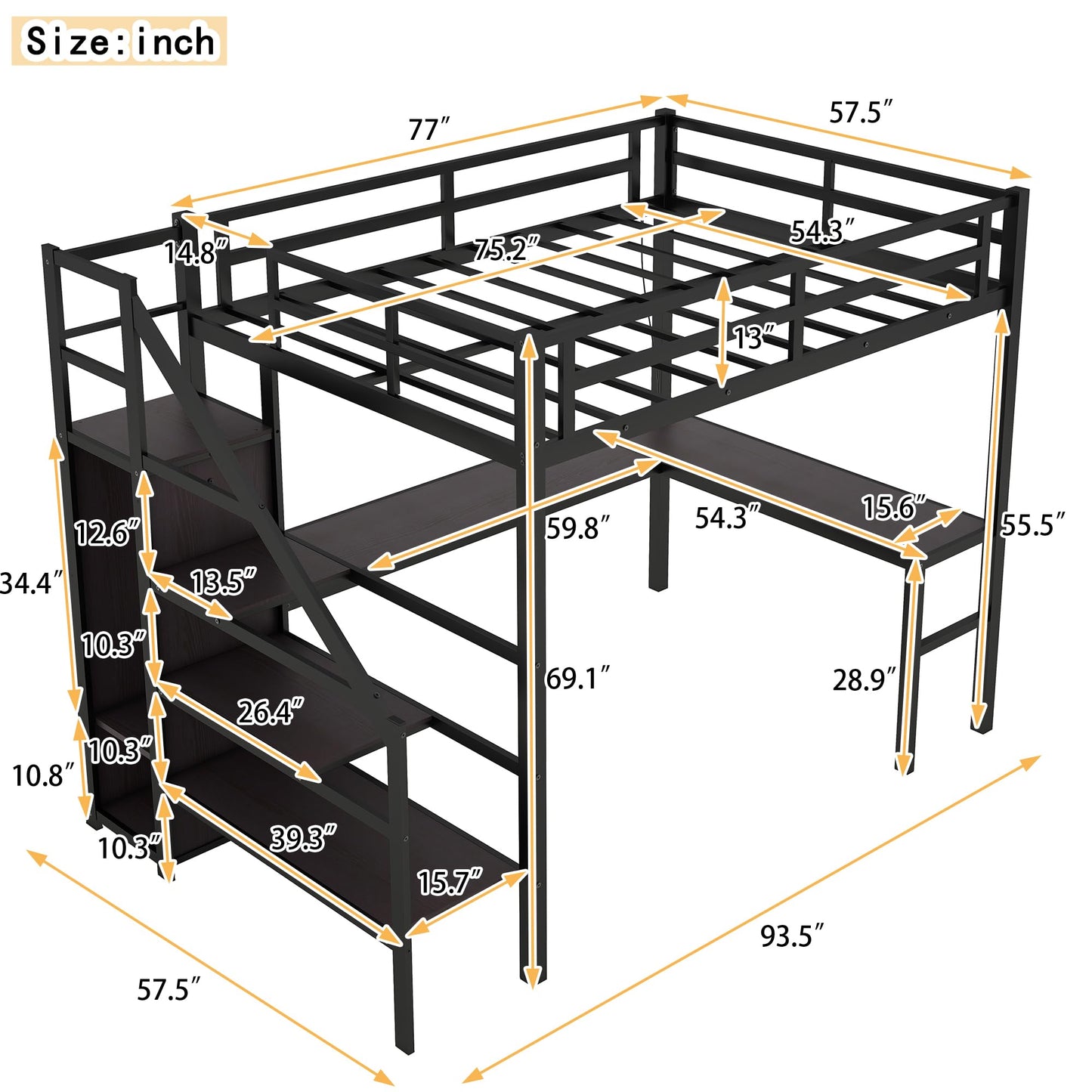 Metal Gaming Loft Bed with Stairs, Desk, RGB LED Light, Storage Wardrobe & Charging Station - Black - WoodArtSupply