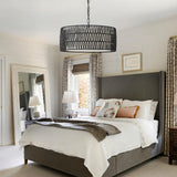 Farmhouse Rattan Chandelier Light Fixture, Black boho Pendant Light Hand Woven Chandeliers for Dining Room with Fabric Shade, Large Wicker Coastal Pendant Light for Kitchen Bedroom Island Hallway JTYP