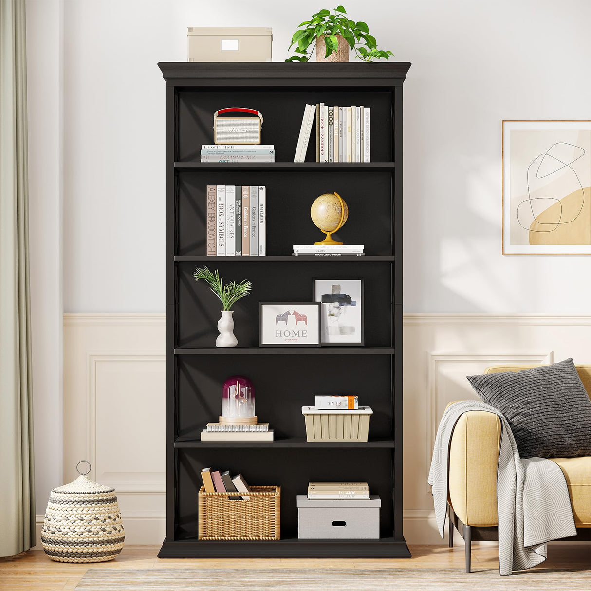 Tribesigns 6-Tier Bookcase, 71 Inches Industrial Bookshelves and Bookcases, Floor Standing 5 Shelf Display Storage Shelves Tall Bookcase for Home Office, Living Room, Bed Room, All Black Tribesigns