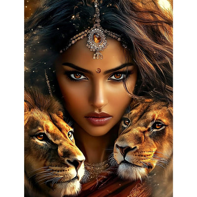 Miwixy Lions Diamond Art Kits for Adults, American Native Indian Woman Diamond Painting Kit,5D Full Drill Animal Diamond Art Canvas for Beginners Home Wall Decor 12 x 16 Inch