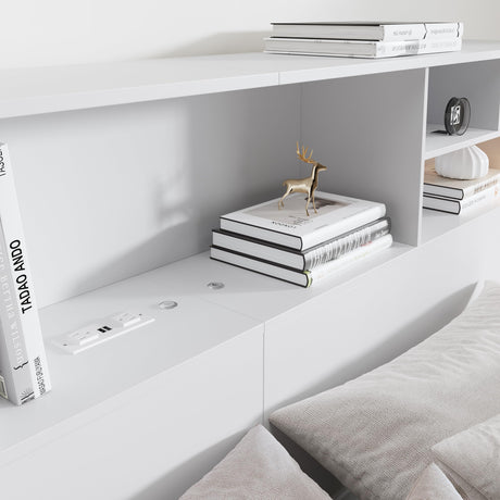AYEASY King Size Headboard for Bedroom, Stylish Bookcase Headboard with Built-in Charging Station & 2 LED Lights, Engineered Wood Headboard, Noise-Free HeadBoard King Size with Storage, White AYEASY